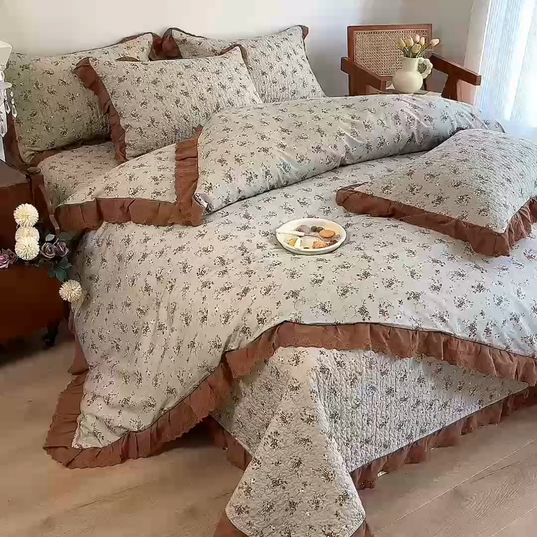 91家纺网 家纺一手货源 找家纺 添越 2024新款纯棉砂洗床盖 摩卡