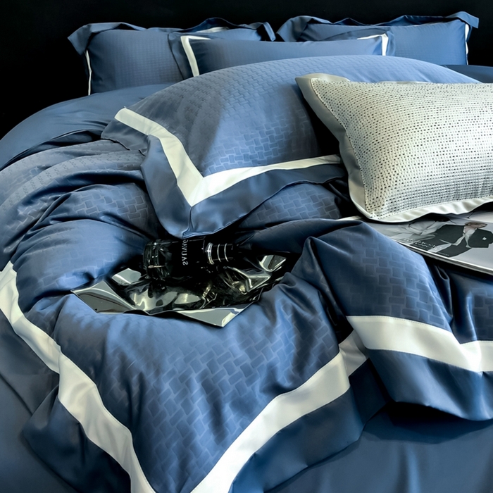 91家纺网 家纺一手货源 找家纺 遇见家居生活馆 2024新款贡缎压花水洗真丝四件套 宝利格-宾利蓝