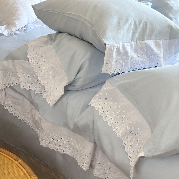 91家纺网 家纺一手货源 找家纺 窝米 2024新款全棉轻氧纱蕾丝花边款四件套系列 轻氧纱-海湾蓝