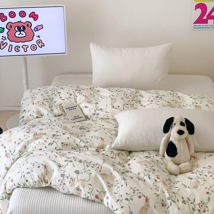 91家纺网 家纺一手货源 找家纺 窝米 2024新款韩国设计师卡通手绘单品被套系列 月德兔