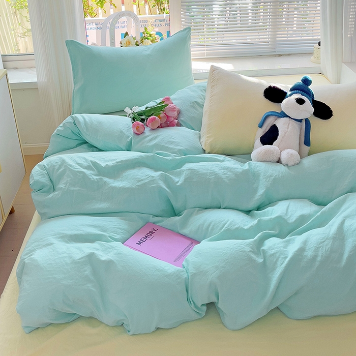 91家纺网 家纺一手货源 找家纺 森璐家纺 2024新款1ins风水洗棉四件套纯色四件套混搭素色四件套（二） 混搭-水绿黄