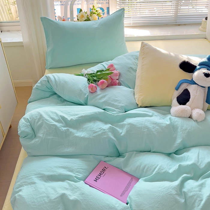 91家纺网 家纺一手货源 找家纺 森璐家纺 2024新款1ins风水洗棉四件套纯色四件套混搭素色四件套（二） 混搭-水绿黄