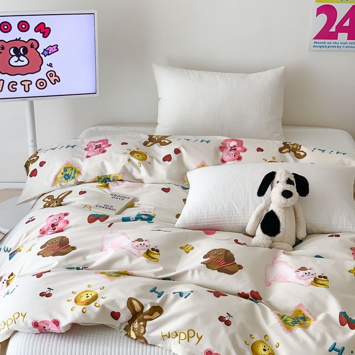 91家纺网 家纺一手货源 找家纺 窝米 2024新款韩国设计师卡通手绘单品被套系列 友趣派对