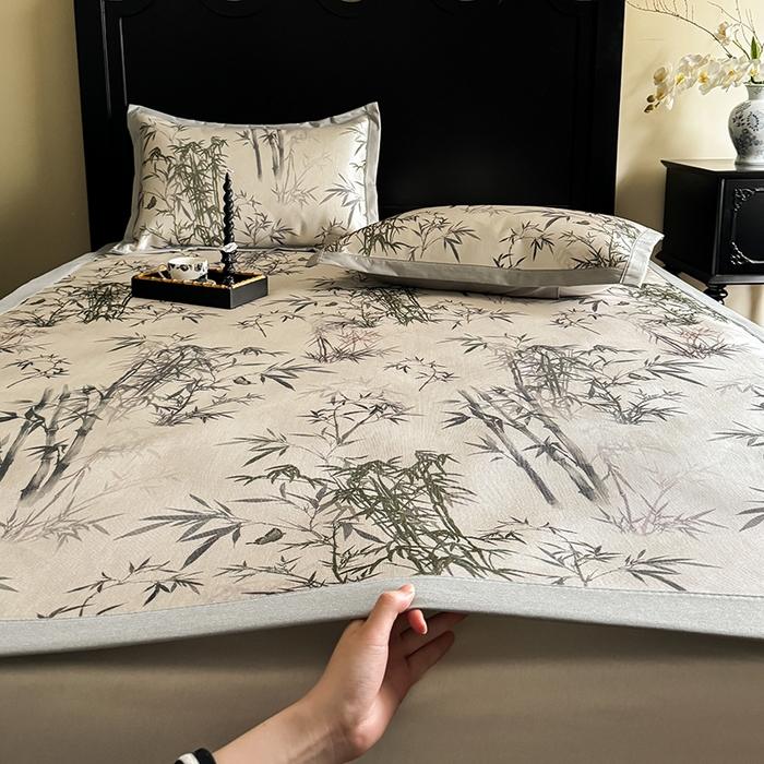 91家纺网 家纺一手货源 找家纺 圆岛家纺 2024新款900D复古手绘系列冰丝凉席 夏竹