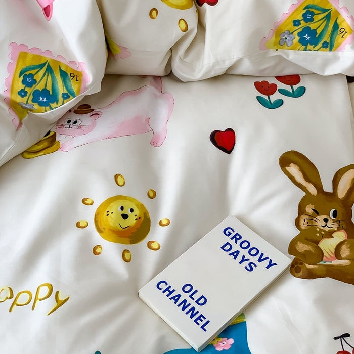 91家纺网 家纺一手货源 找家纺 窝米 2024新款韩国设计师卡通手绘单品被套系列 友趣派对