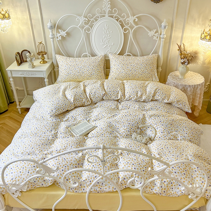 91家纺网 家纺一手货源 找家纺 麒豆豆 2024新款全棉双层纱四件套花间-黄