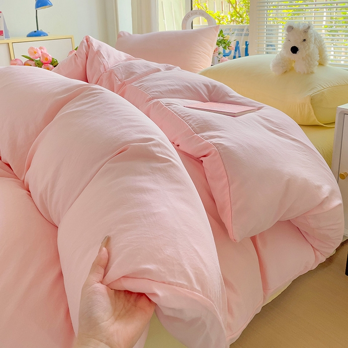 91家纺网 家纺一手货源 找家纺 森璐家纺 2024新款1ins风水洗棉四件套纯色四件套混搭素色四件套（二） 混搭-粉黄