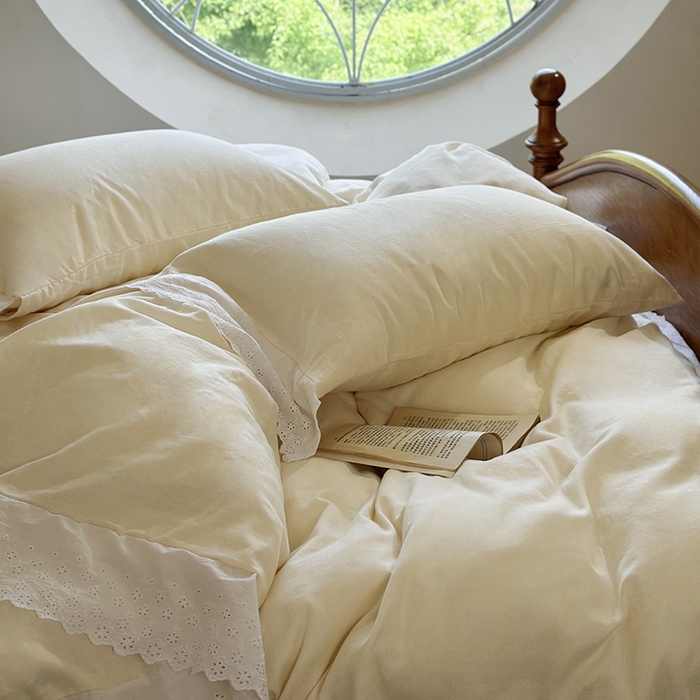 91家纺网 家纺一手货源 找家纺 窝米 2024新款全棉轻氧纱蕾丝花边款四件套系列 轻氧纱-奶茶白