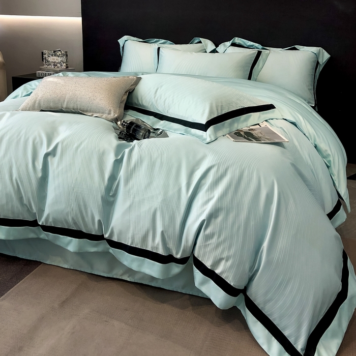 91家纺网 家纺一手货源 找家纺 遇见家居生活馆 2024新款贡缎压花水洗真丝四件套 秋水-梵星蓝