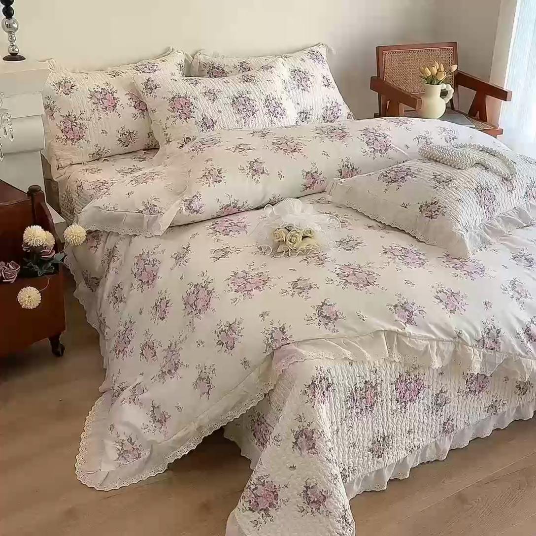 91家纺网 家纺一手货源 找家纺 添越 2024新款纯棉砂洗床盖 微甜-粉