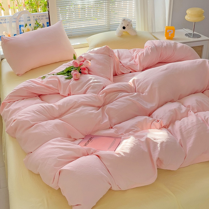 91家纺网 家纺一手货源 找家纺 森璐家纺 2024新款1ins风水洗棉四件套纯色四件套混搭素色四件套（二） 混搭-粉黄