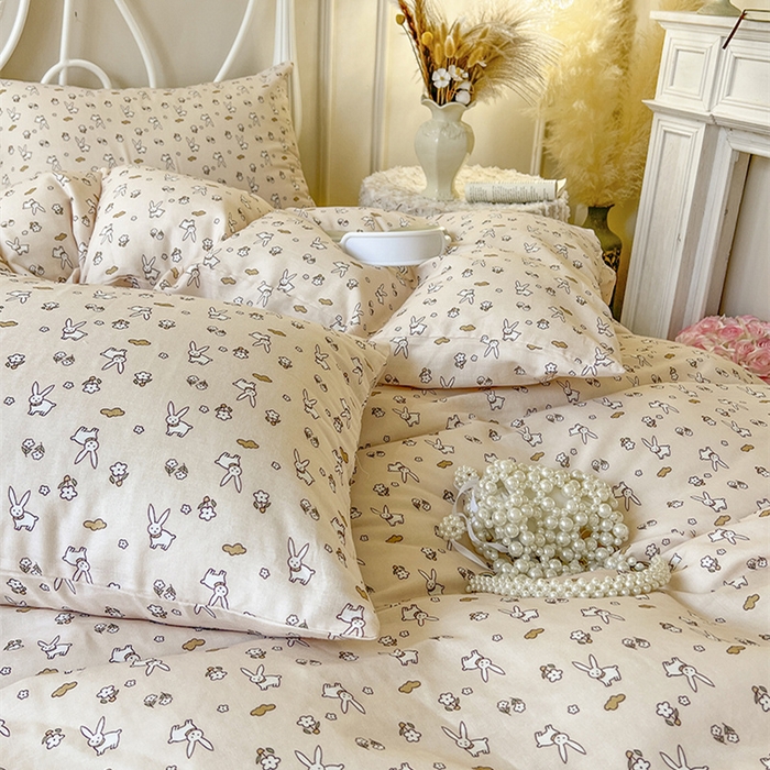 91家纺网 家纺一手货源 找家纺 麒豆豆 2024新款全棉双层纱四件套花朵兔-玉