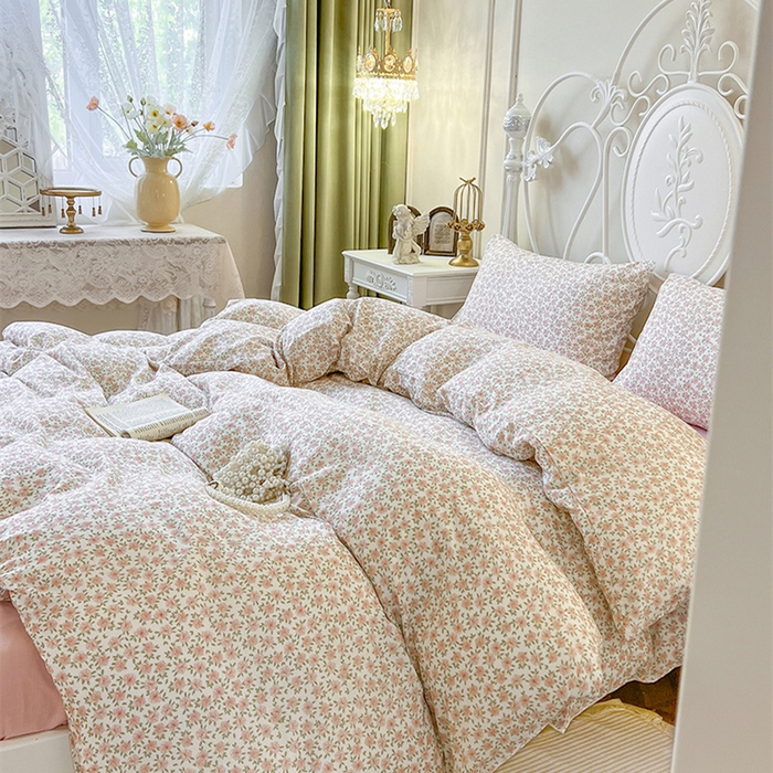 91家纺网 家纺一手货源 找家纺 麒豆豆 2024新款全棉双层纱四件套樱花-粉