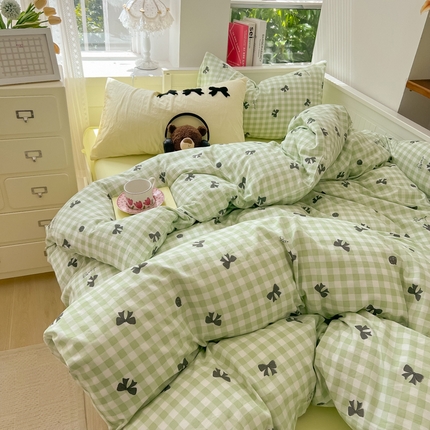 韩都家居 2024新款ins风超柔水洗云朵棉混搭蝴蝶结四件套 混搭蝴蝶结-绿黑