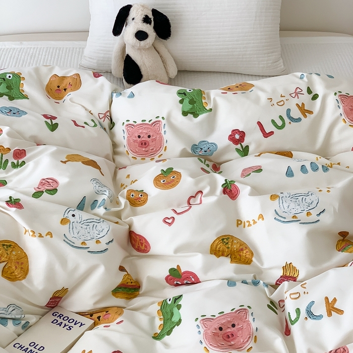 91家纺网 家纺一手货源 找家纺 窝米 2024新款韩国设计师卡通手绘单品被套系列 美食派对