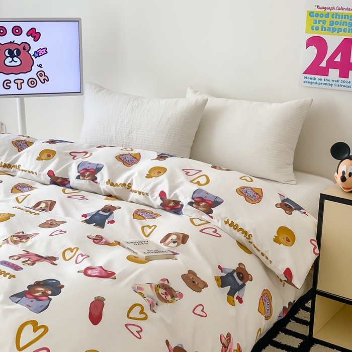 91家纺网 家纺一手货源 找家纺 窝米 2024新款韩国设计师卡通手绘单品被套系列 妙可乐园