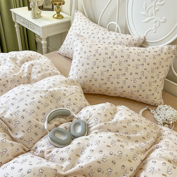 91家纺网 家纺一手货源 找家纺 麒豆豆 2024新款全棉双层纱四件套花朵兔-玉