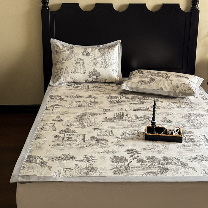 91家纺网 家纺一手货源 找家纺 圆岛家纺 2024新款900D复古手绘系列冰丝凉席 塞纳花园灰