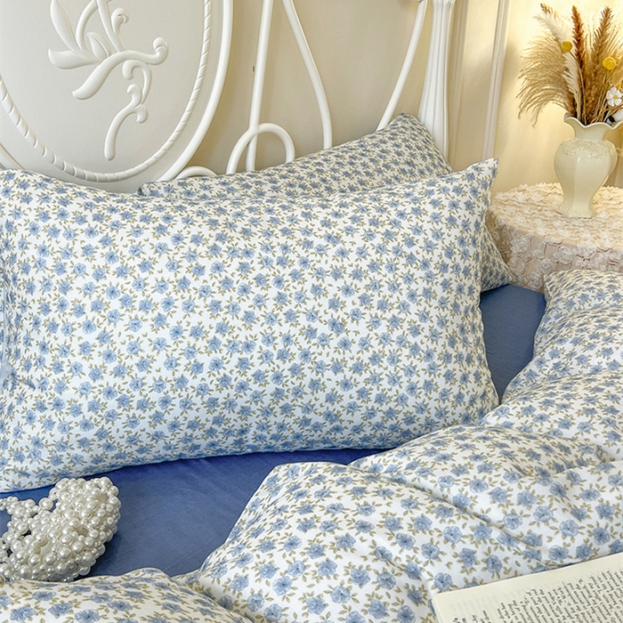 91家纺网 家纺一手货源 找家纺 麒豆豆 2024新款全棉双层纱四件套樱花-蓝