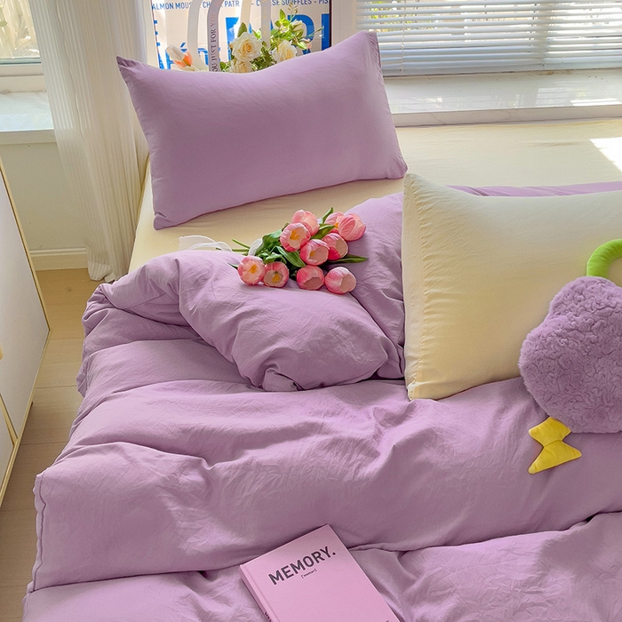 91家纺网 家纺一手货源 找家纺 森璐家纺 2024新款1ins风水洗棉四件套纯色四件套混搭素色四件套（二） 混搭-紫黄