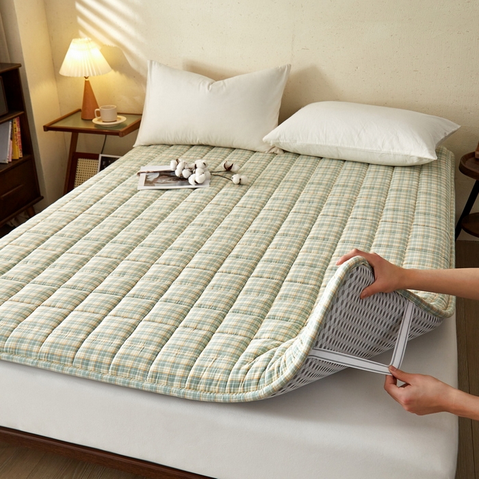 91家纺网 家纺一手货源 找家纺 祁恋婷家居 2024新款全棉水洗棉棉花床褥床垫【床垫遮盖物】系列-成人款 绿小格