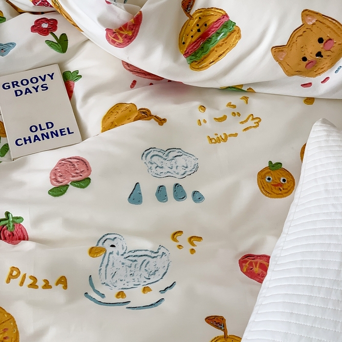 91家纺网 家纺一手货源 找家纺 窝米 2024新款韩国设计师卡通手绘单品被套系列 美食派对