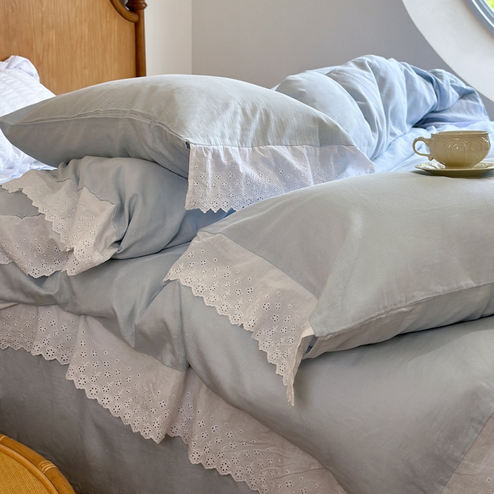 91家纺网 家纺一手货源 找家纺 窝米 2024新款全棉轻氧纱蕾丝花边款四件套系列 轻氧纱-海湾蓝