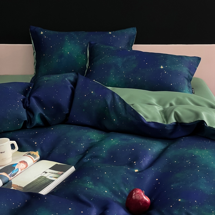 91家纺网 家纺一手货源 找家纺 圆岛家纺2024新款60S数码印花四件套 极光星河