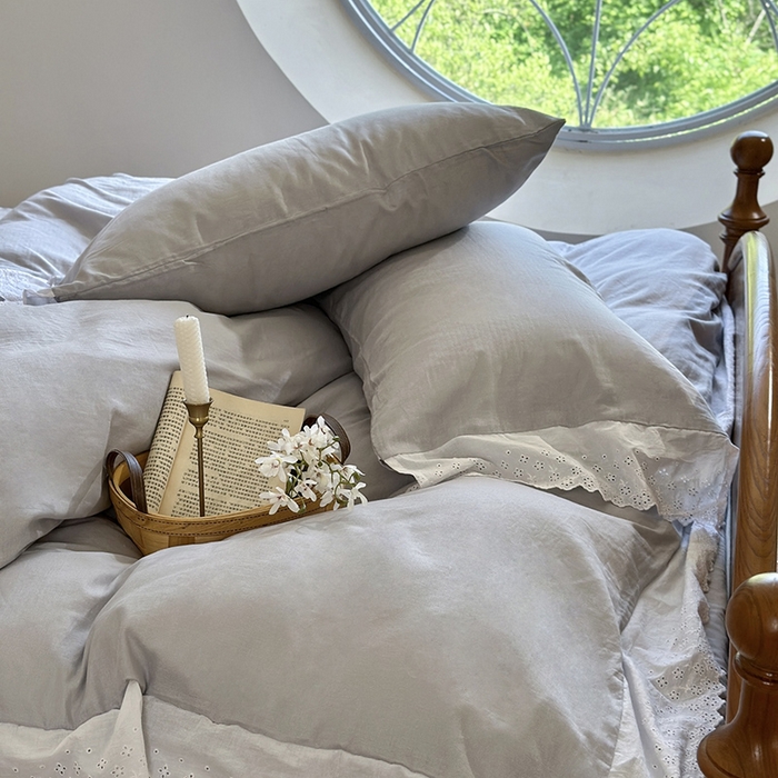 91家纺网 家纺一手货源 找家纺 窝米 2024新款全棉轻氧纱蕾丝花边款四件套系列 轻氧纱-冰川灰