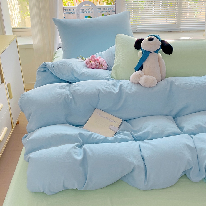 91家纺网 家纺一手货源 找家纺 森璐家纺 2024新款1ins风水洗棉四件套纯色四件套混搭素色四件套（二） 混搭-浅蓝藻绿