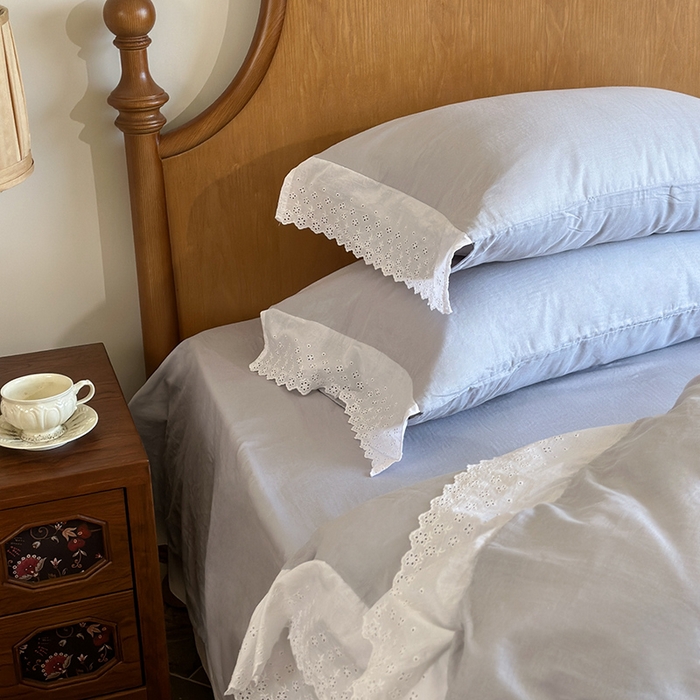 91家纺网 家纺一手货源 找家纺 窝米 2024新款全棉轻氧纱蕾丝花边款四件套系列 轻氧纱-冰川灰