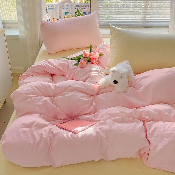 91家纺网 家纺一手货源 找家纺 森璐家纺 2024新款1ins风水洗棉四件套纯色四件套混搭素色四件套（二） 混搭-粉黄