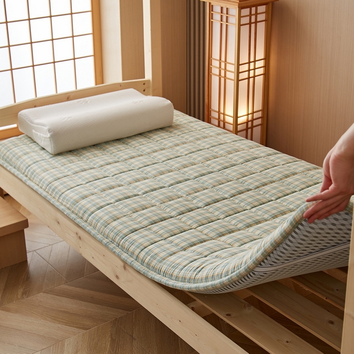 91家纺网 家纺一手货源 找家纺 祁恋婷家居 2024新款全棉水洗棉棉花床褥床垫【床垫遮盖物】系列-学生款 绿小格