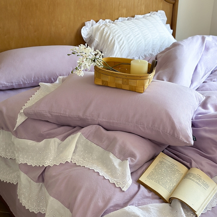 91家纺网 家纺一手货源 找家纺 窝米 2024新款全棉轻氧纱蕾丝花边款四件套系列 轻氧纱-星空紫