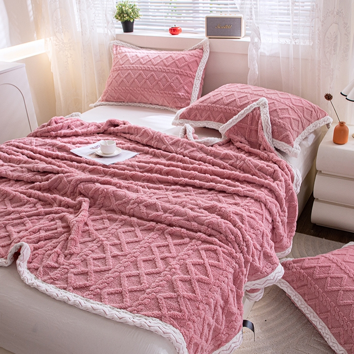 91家纺网 家纺一手货源 找家纺 芸锦豪 2024新款塔芙蓉多功能毯--双面塔夫绒包边 塔夫绒-玫瑰粉