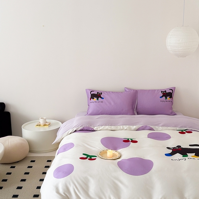 91家纺网 家纺一手货源 找家纺 西西家居 2024新款数码兰精天丝套件 波点猫-紫