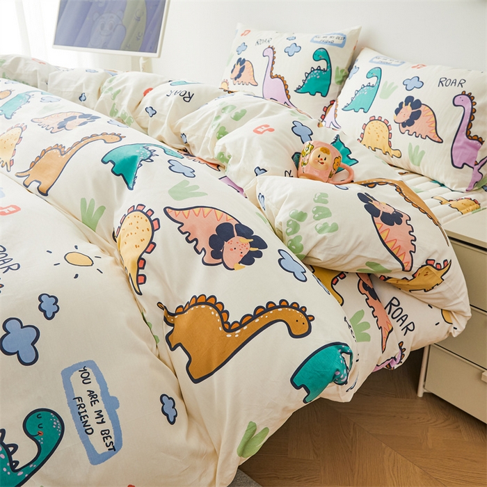 91家纺网 家纺一手货源 找家纺 3C 2024新款全棉大豆夹棉印花床笠四件套 恐龙天地