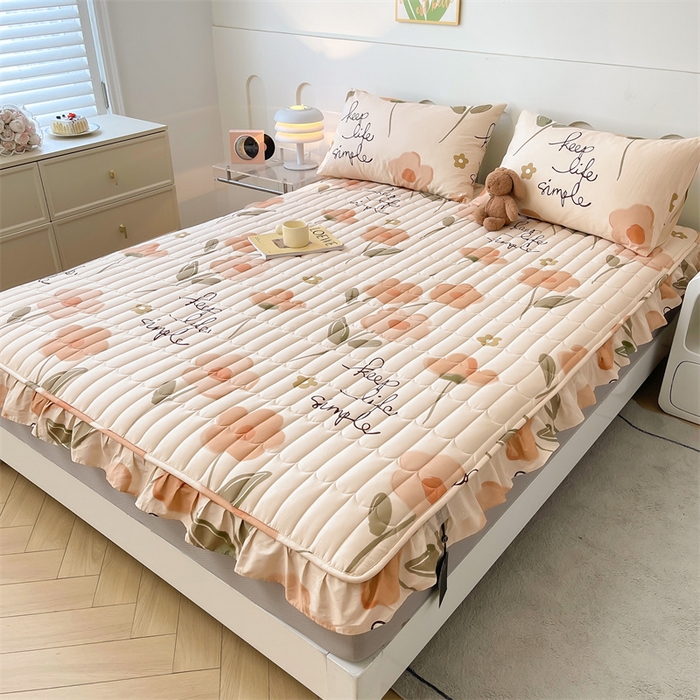 91家纺网 家纺一手货源 找家纺 3C 2024新款全棉13372大豆夹棉印花花边床笠四件套 花恋-桔单床笠