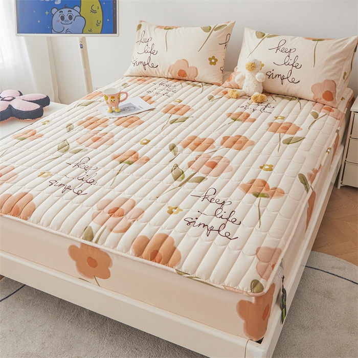 91家纺网 家纺一手货源 找家纺 3C 2024新款全棉大豆夹棉印花床笠四件套 花恋-桔