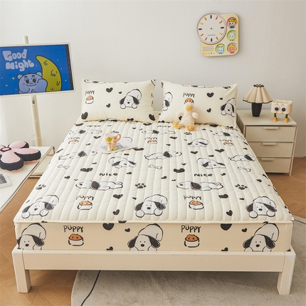 91家纺网 家纺一手货源 找家纺 3C 2024新款全棉大豆夹棉印花床笠四件套 趴趴狗-米