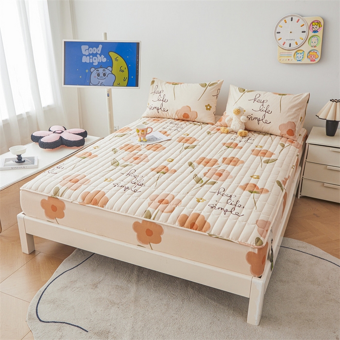 91家纺网 家纺一手货源 找家纺 3C 2024新款全棉大豆夹棉印花床笠四件套 花恋-桔