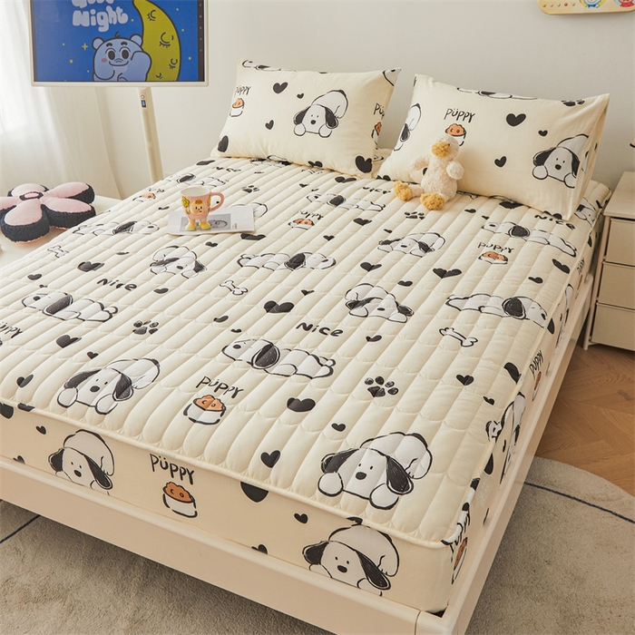 91家纺网 家纺一手货源 找家纺 3C 2024新款全棉大豆夹棉印花床笠四件套 趴趴狗-米