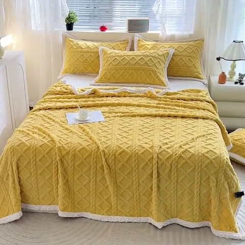 91家纺网 家纺一手货源 找家纺 芸锦豪 2024新款塔芙蓉多功能毯--双面塔夫绒包边 塔夫绒-姜黄