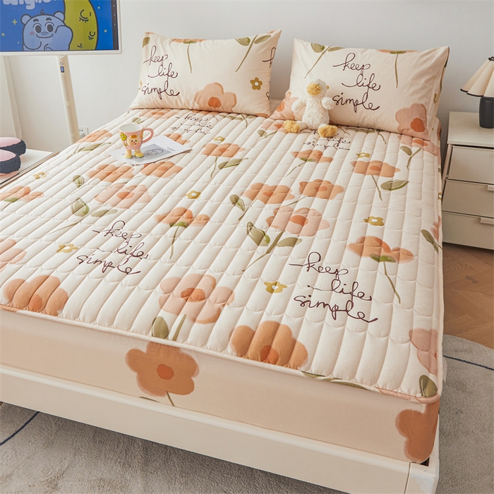 91家纺网 家纺一手货源 找家纺 3C 2024新款全棉大豆夹棉印花床笠四件套 花恋-桔