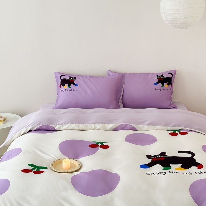 91家纺网 家纺一手货源 找家纺 西西家居 2024新款数码兰精天丝套件 波点猫-紫