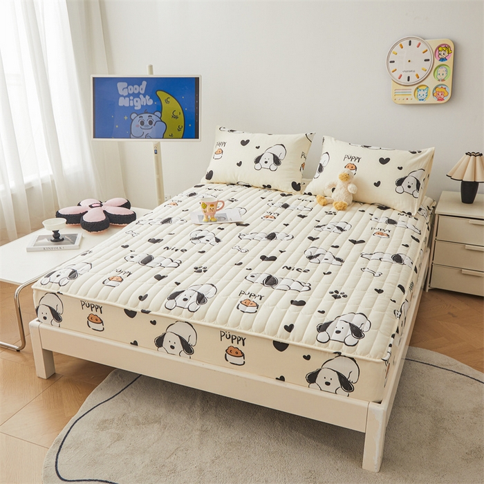 91家纺网 家纺一手货源 找家纺 3C 2024新款全棉大豆夹棉印花床笠四件套 趴趴狗-米