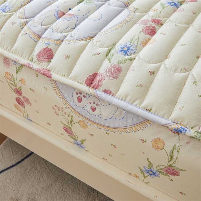 91家纺网 家纺一手货源 找家纺 3C 2024新款全棉大豆夹棉印花床笠四件套 圈圈兔