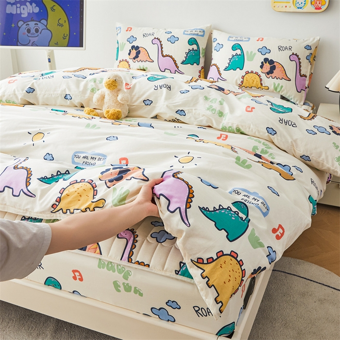 91家纺网 家纺一手货源 找家纺 3C 2024新款全棉大豆夹棉印花床笠四件套 恐龙天地