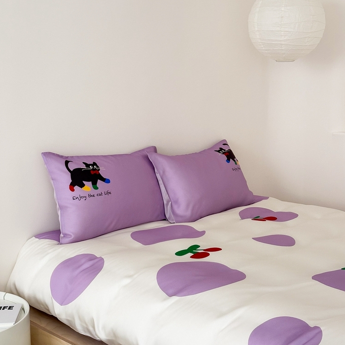 91家纺网 家纺一手货源 找家纺 西西家居 2024新款数码兰精天丝套件 波点猫-紫