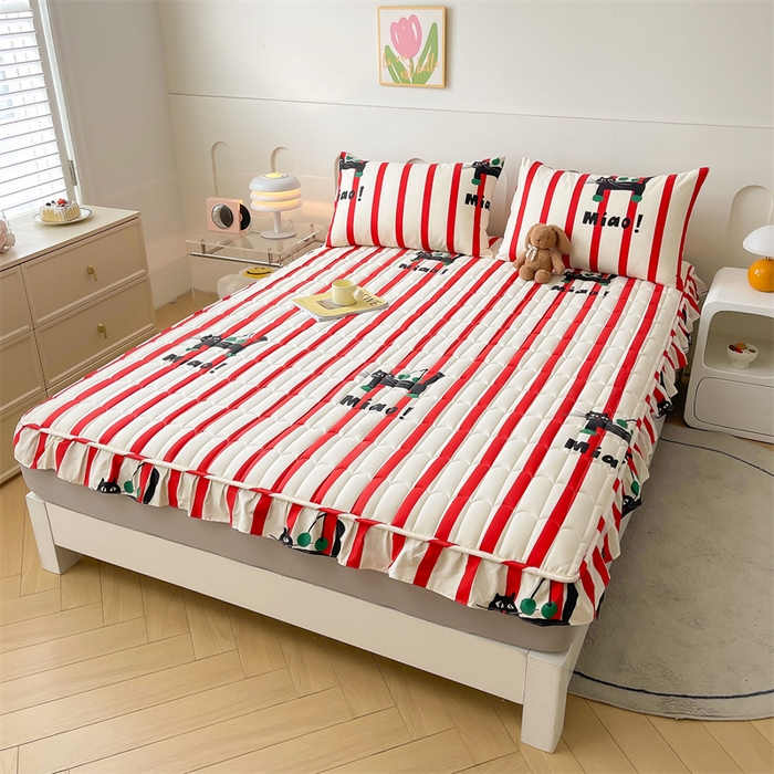 91家纺网 家纺一手货源 找家纺 3C 2024新款全棉13372大豆夹棉印花花边床笠四件套 黑猫警长单床笠